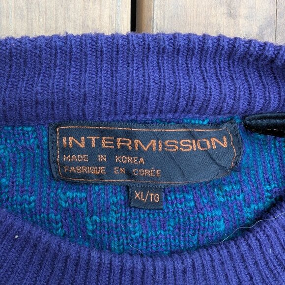 Vintage 90s Intermission Aztec Geometric Knit Sweater - Teal Purple Blue XL - Picture 3 of 8